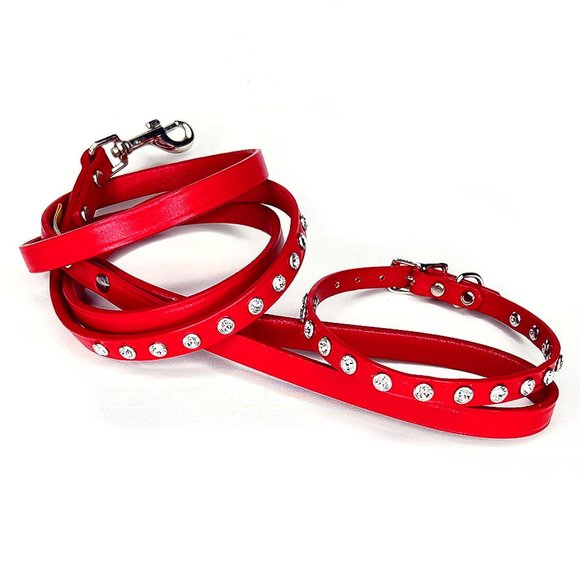 Crystal Studded Red Leather Collar and Leash
